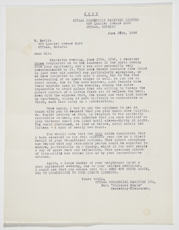 Berlis Noise complaint letter, June 28, 1948