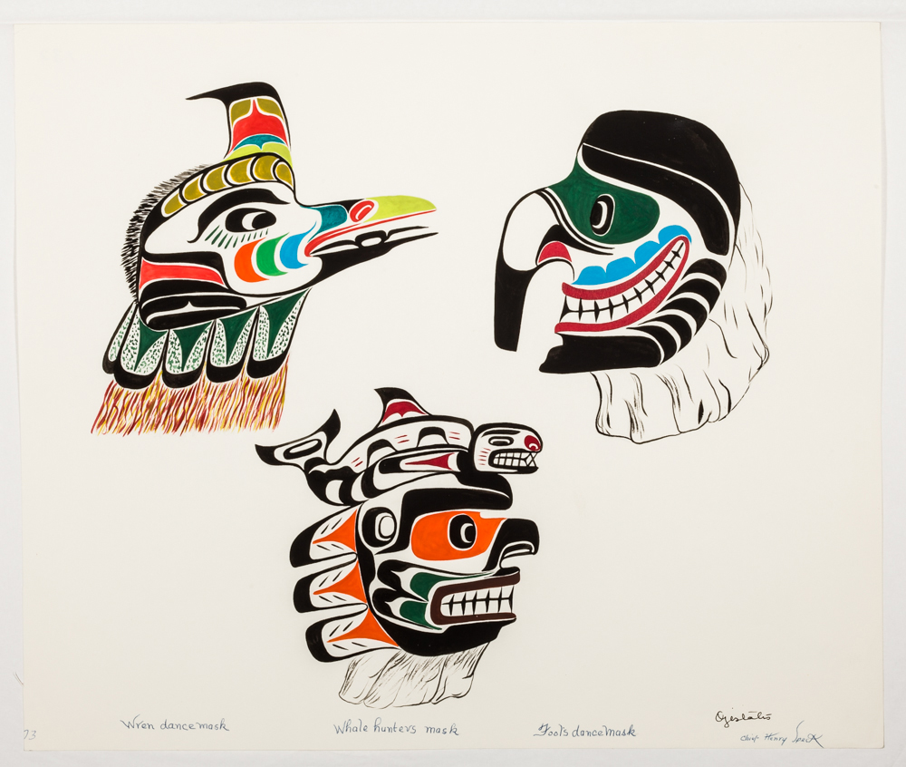 Chief Henry Speck, <em>Wren Dance Mask, Whale Hunters Mask, Fools Dance Mask</em>, 1958. Gouache on paper. Courtesy Macaulay &amp; Co. Fine Art