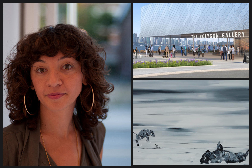 Images clockwise from left: Nahed Mansour. Photo: Preety Sivakumar; a rendering of the Polygon Gallery building; Adrian Stimson’s <em>Event II</em> (2015), now in the collection of the British Museum.