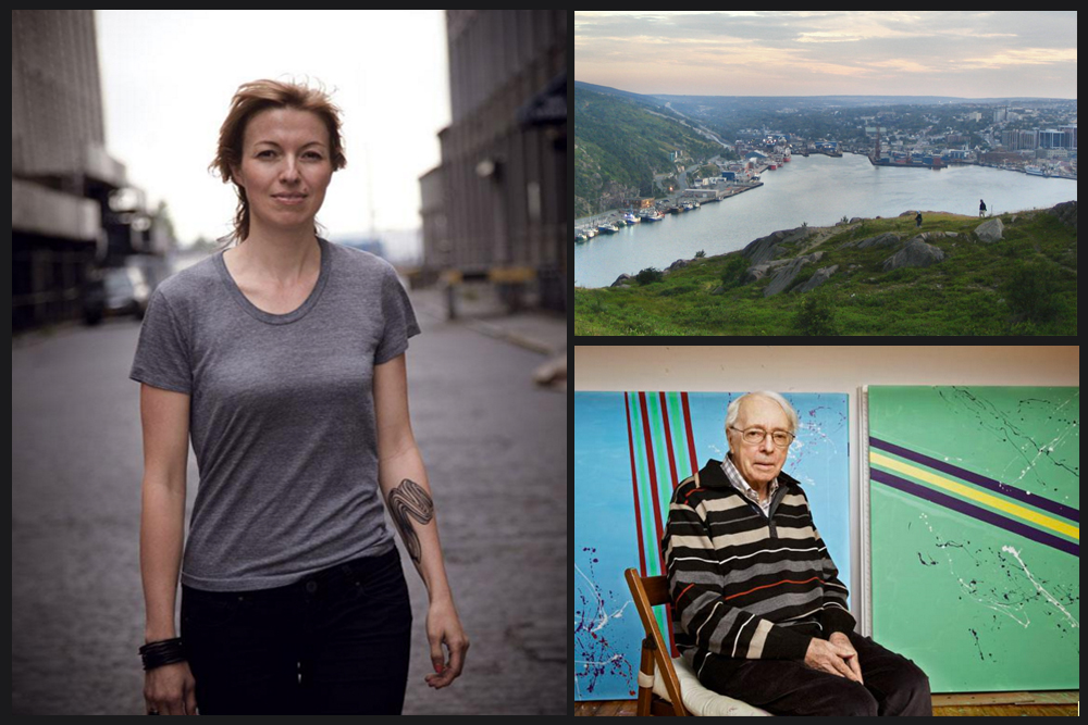 Images clockwise from left: Julia Dault outside her studio in Sunset Park, Brooklyn, June 2012. Photo: George Whiteside; photo of St. John's, Newfoundland, from Wikimedia Commons; portrait of Marcel Barbeau by Canada Council for the Arts / Martin Lipman.