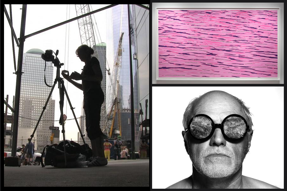 Images clockwise from left: Suzy Lake setting up for one of her new hour-long performances for the camera in Annette Mangaard's documentary <em>Suzy Lake: Playing With Time</em>; Geneviève Cadieux's <em>Flow</em>; John Greer, pictured wearing <em>Sceptical Spectacles</em> (1974). Collection of the Art Gallery of Nova Scotia. Photo: Raoul Manuel Schnell.