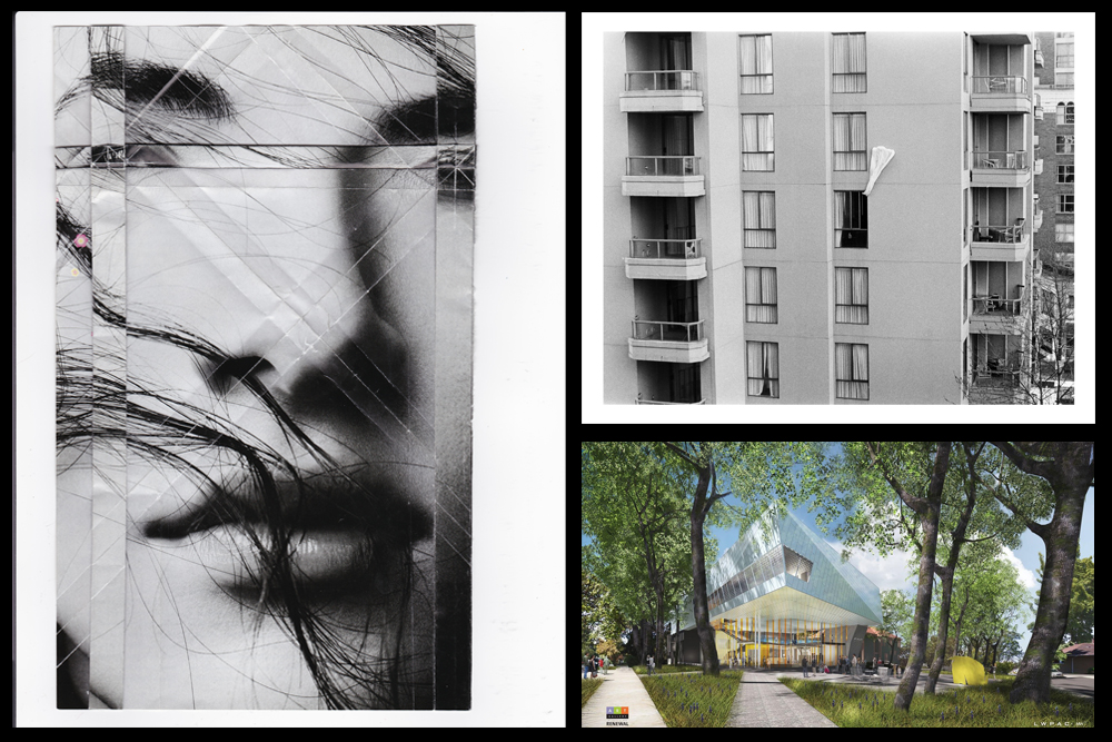 Clockwise from left: Lauren Tsuyuki, from <em>Manual Photoshop</em>  series, 2014. Tsuyuki is one of the shortlisted artists for the Philip B. Lind Emerging Artist Prize; Polina Lasenko, from the <em>Archives</em> series, 2014. Lasenko is one of the shortlisted artists for the Philip B. Lind Emerging Artist Prize; a rendering of the Art Gallery of Greater Victoria’s new extension. Image: L W P A C | Lang Wilson Practice in Architecture Culture Inc.