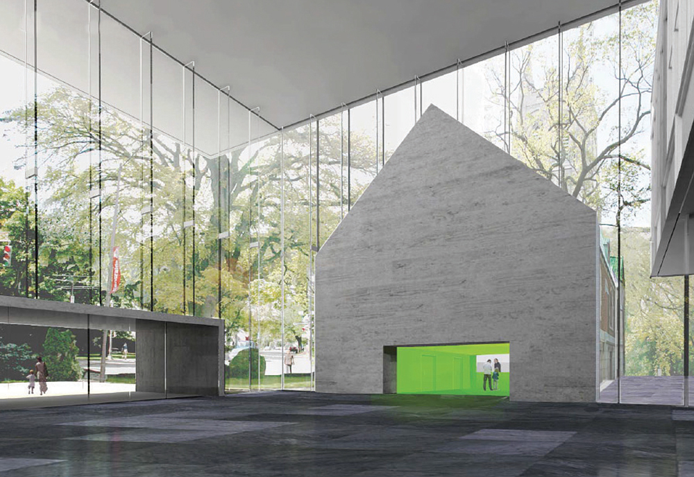 A rendering of the interior of the new Musée national des beaux-arts du Québec Pierre Lassonde pavilion. The pavilion joins older structures for the museum, and it is the first North American museum building designed by Rem Koolhaas' Office for Metropolitan Architecture.