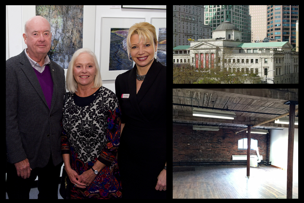 Images clockwise from left: Glenn and Barbara McInnes, and Alexandra Badzak, the Ottawa Art Gallery’s director and CEO; the Vancouver Art Gallery, photographed from the corner of Robson and Howe. Photo: Jason Vanderhill via Wikimedia; Hamilton’s the Cotton Factory, where a new residency with Hamilton Artists Inc. will be held.