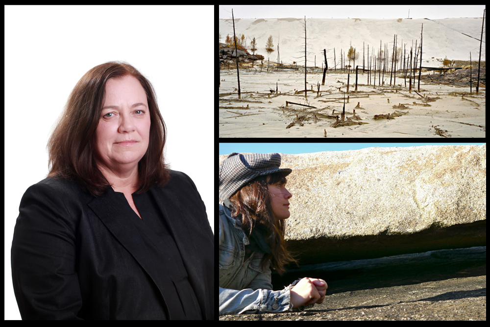 Images clockwise from left: Museum of Vancouver’s CEO Nancy Noble; Edward Burtynsky, <em>Uranium Tailings #12, Elliot Lake, Ontario</em>, 1995. McMichael Canadian Art Collection. © Edward Burtynsky; Anne Macmillan, recipient of the inaugural Emerging Atlantic Canada Artist Residency.