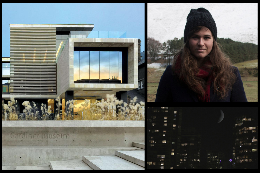 Images clockwise from left: Gardiner Museum. Photo: Smart Destinations via Wikimedia Commons; Rebecca Moss, a participant in Access Gallery’s next Twenty-Three Days at Sea residency; Vilhelm Sundin, <em>Moon</em> (still), 2014. Sundin was awarded the Lind Prize for Emerging Artists this week.