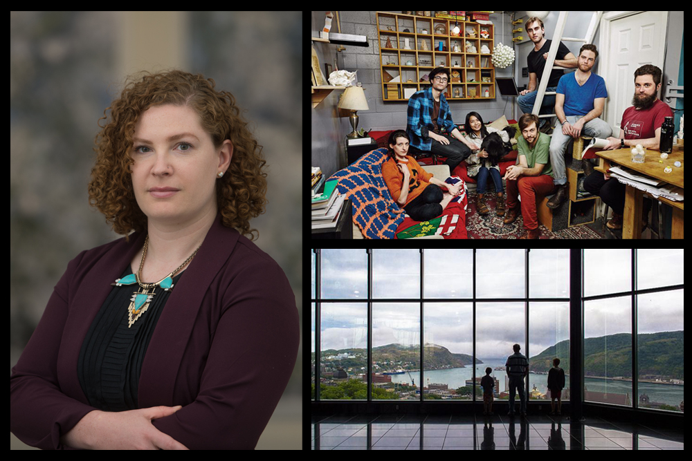 Images clockwise from left: Kendra Ainsworth, the new curator of contemporary art at the Art Gallery of Mississauga; VSVSVS in their Toronto studio, March 2014. Photo: Markian Lozowchuk; visitors at the Rooms looking out over St. John’s Harbour. Photo: Kenny Louie (kennymatic) via Flickr. 