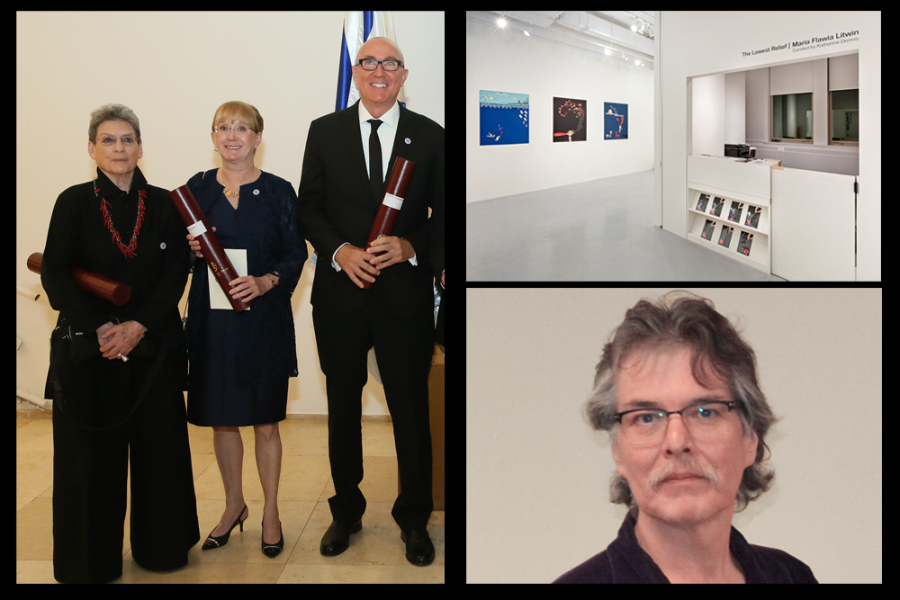 Images clockwise from left: Phyllis Lambert receiving the Wolf Prize; installation view of Maria Flawia Litton’s “The Lowest Relief” at Typology in Toronto. Photo: Toni Hafkenscheid; artist Samuel Thomas.
