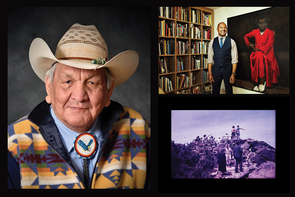Images clockwise from left: Alex Janvier; Dr. Kenneth Montague; Lee Henderson, <em>When you cut your finger, it comes out dense and rich (CAT 64 2 762 Kodachrome Transparency)</em>, 2016.