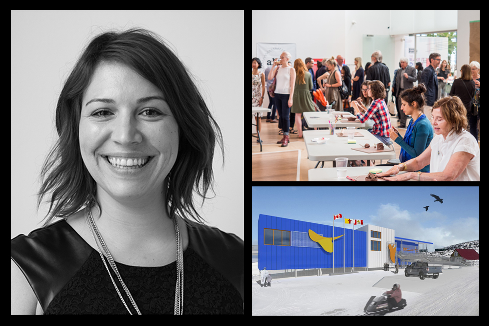 Images clockwise from left: Christine Blais; visitors at the launch of the Gardiner’s new Community Arts Space project; rendering of the Kenojuak Cultural Centre and Print Shop. Courtesy Panaq Design.