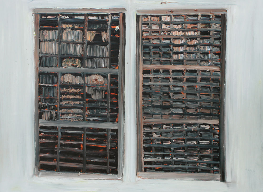 Brian Hunter's <em>Two empty trays mounted vertically</em> (2015) won the 2016 RBC Canadian Painting Competition. Oil on wood, 36 x 48 in.