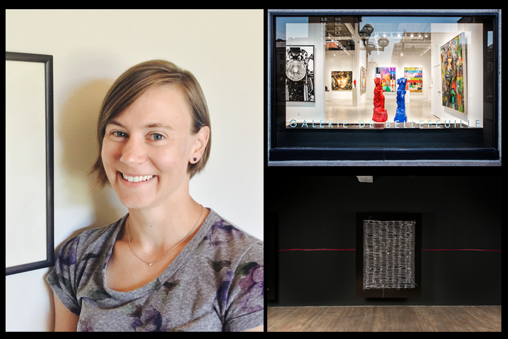 Images clockwise from left: Alexa Greist; Galerie de Bellefeuille’s new third location on Sherbrooke Street West; Nadia Myre, “Oraison / Orison”, 2014. Photo: Paul Litherland.
