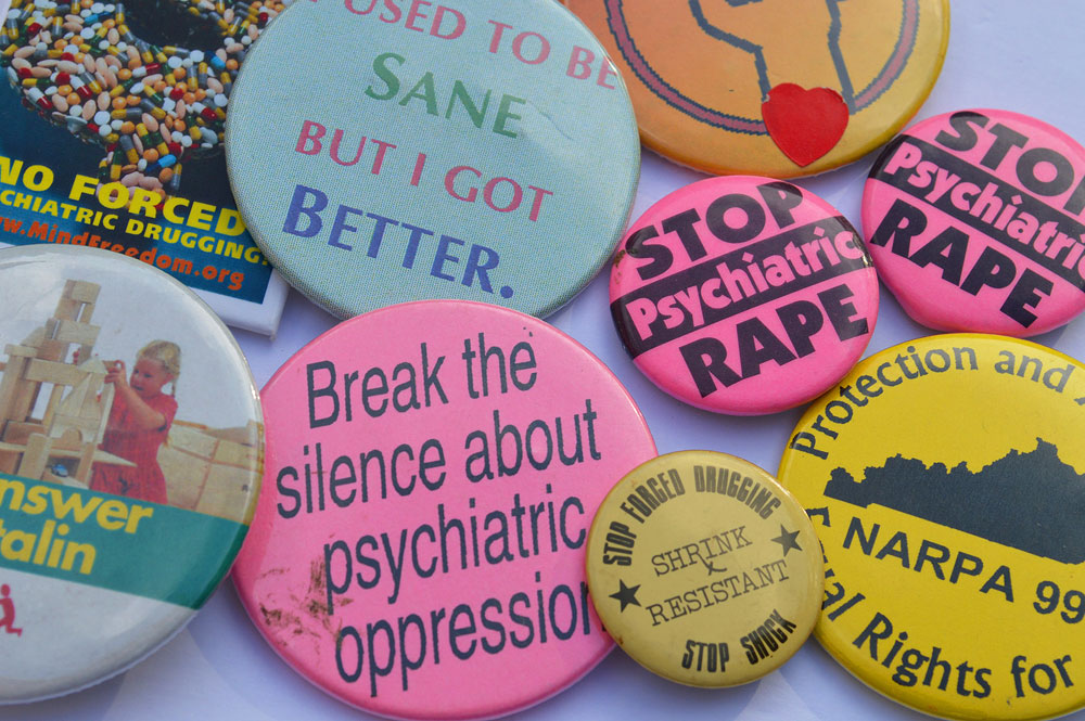 An array of buttons found in the files of the Psychiatric Survivor Archives of Toronto. Photo: Robert Anderson. 