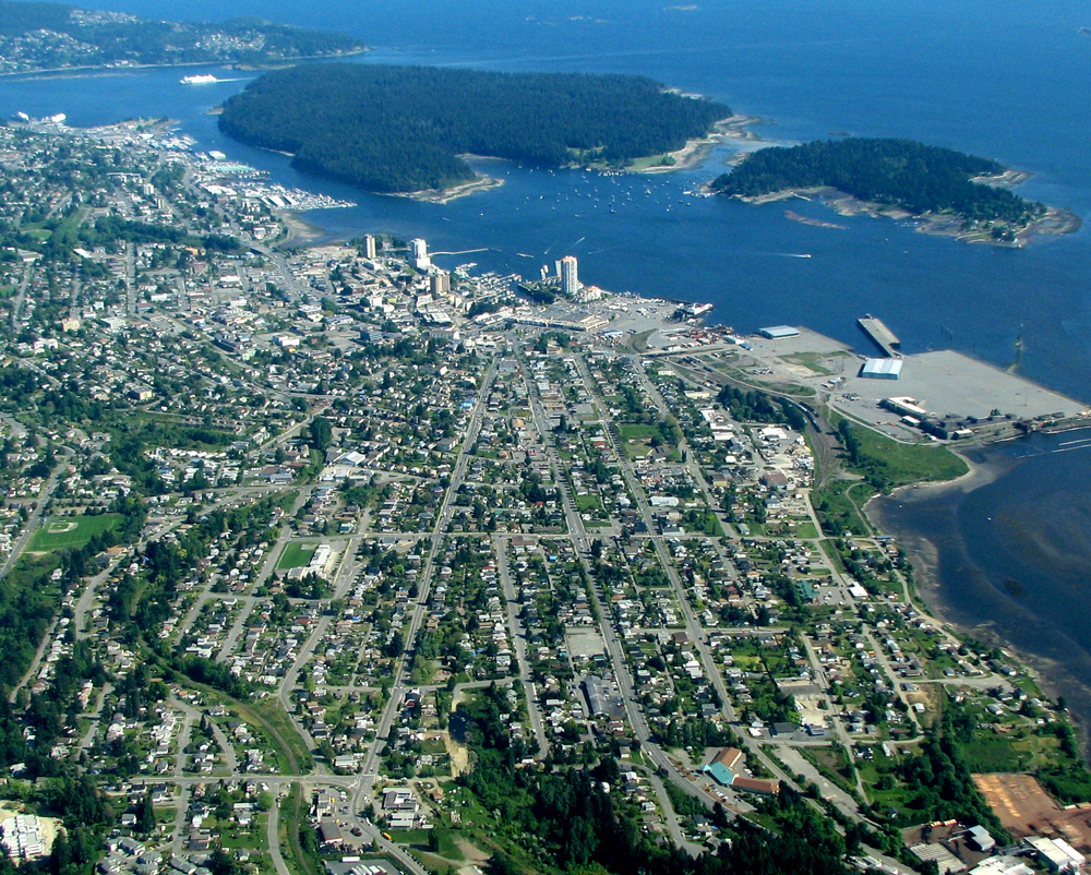 Aerial view of downtown and central Nanaimo and adjacent islands. Photo: Ken Walker.