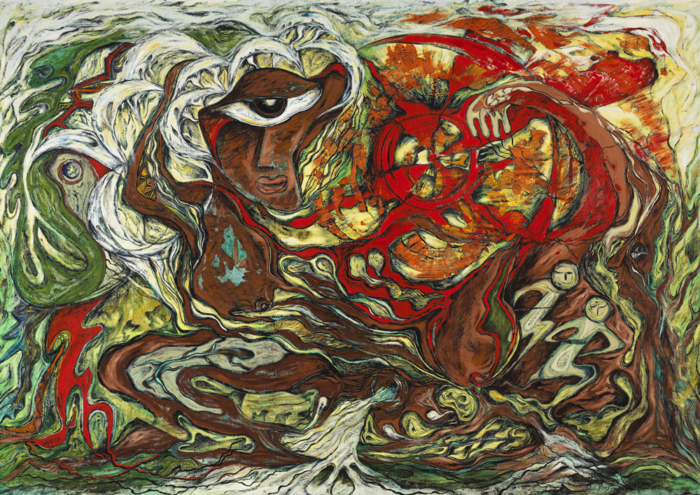 Daphne Odjig, <em>From Mother Earth Flows the River of Life</em>, 1973. Acrylic on canvas, 1.53 x 2.15 m. Collection Canadian Museum of History.