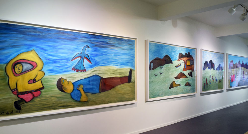 A view of Elisapee Ishulutaq's four-panel drawing <em>In His Memory</em> at Marion Scott Gallery | Kardosh Projects in Vancouver. The art was inspired by memories of a youth suicide in Ishulutaq's community in the 1990s.