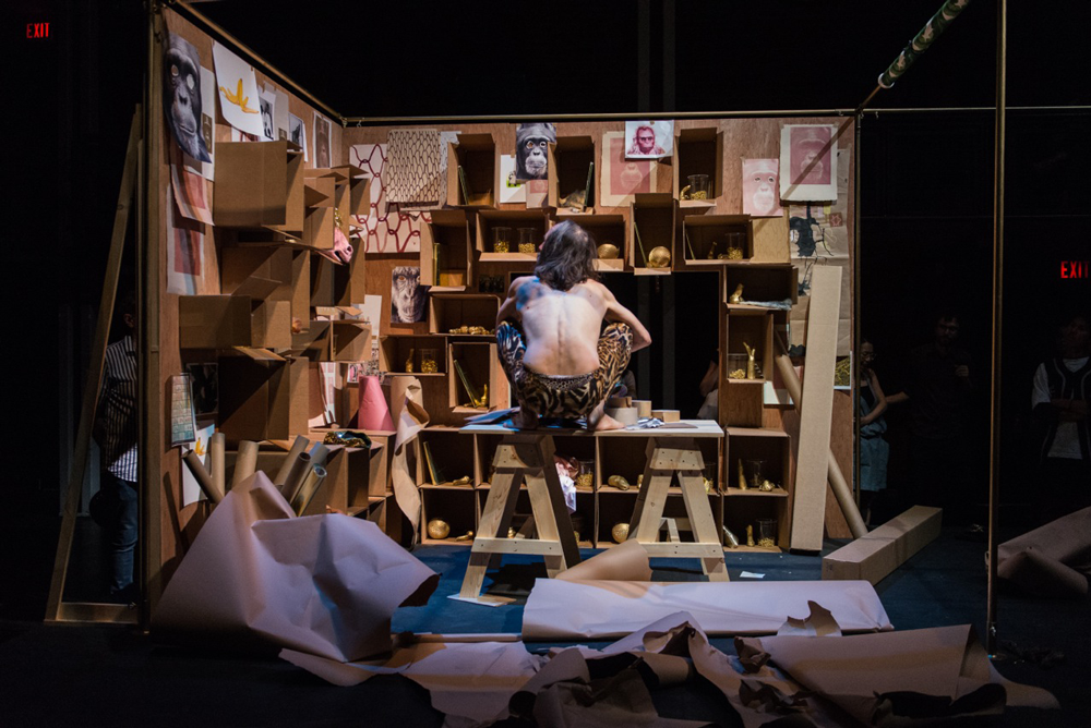 Emily Mast, <em>The Cage is a Stage (Block)</em>, 2016. Performance at Harbourfront Centre Theatre. Courtesy Blackwood Gallery and the Power Plant. Photo: Henry Chan.