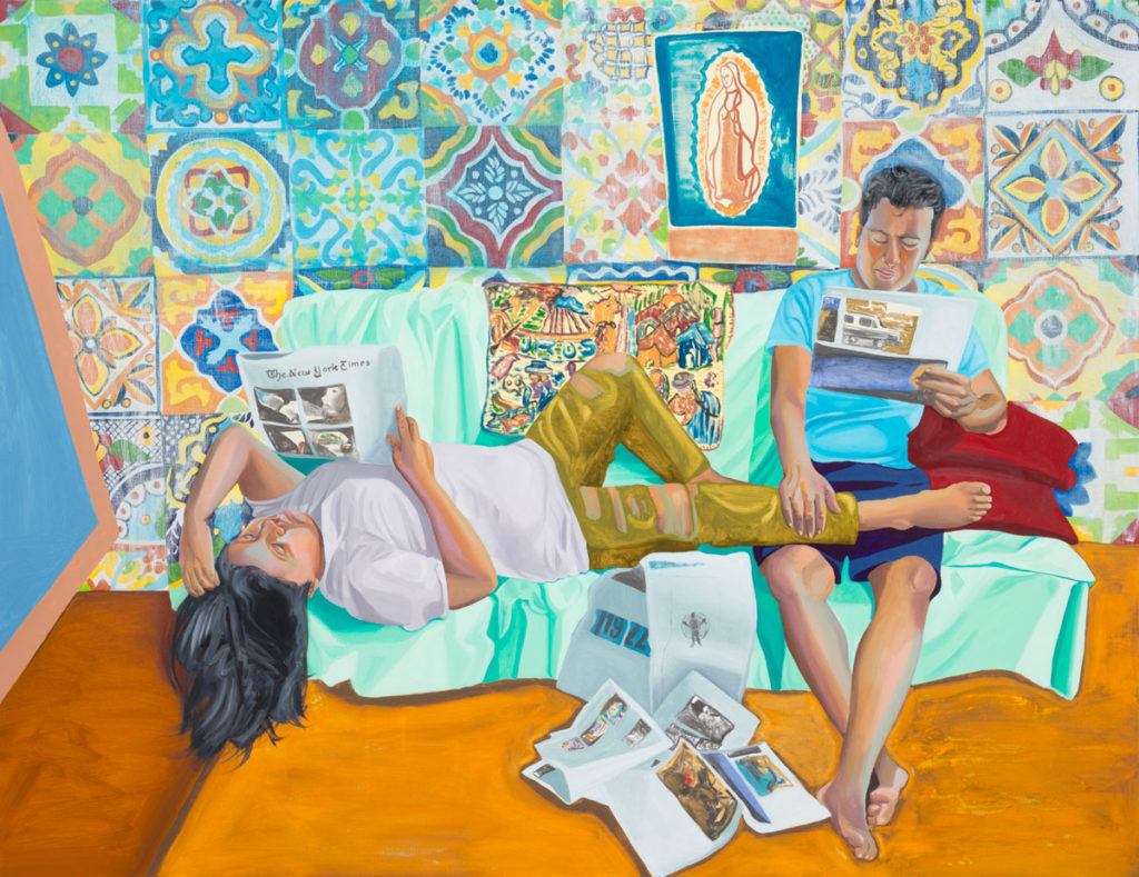 Aliza Nisenbaum, <em>La Talaverita, Sunday Morning NY Times</em>, 2016. Oil on linen, 68 × 88 in. (172.7 × 223.5 cm). Collection of the artist; courtesy T293 Gallery, Rome and Mary Mary, Glasgow.