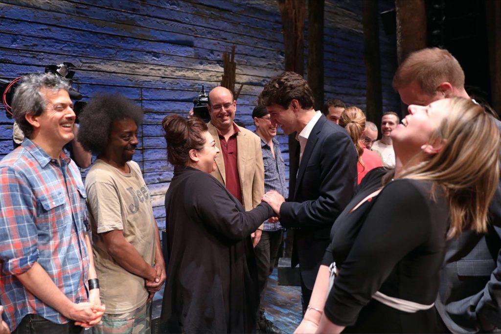 Prime Minister Justin Trudeau likes to be visible in supporting the arts—like greeting the cast members of the Canadian musical <em>Come from Away</em> in New York. But what does his  goverment's latest budget really offer to artists and arts organizations? Photo: via Justin Trudeau Facebook page.