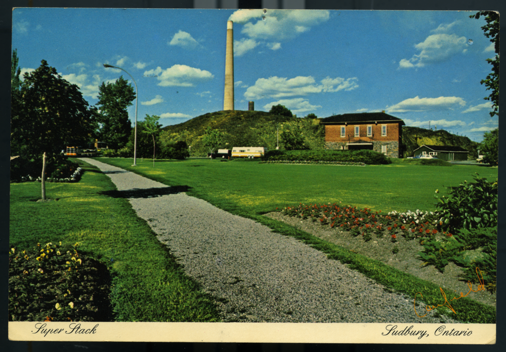 Postcard showing the Superstack in Sudbury, Ontario, from the University of Waterloo Library’s Special Collections and Archives, Canadian Coalition on Acid Rain fonds.