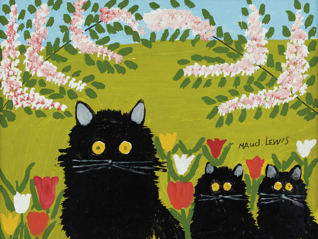 Maud Lewis, <em>Three Black Cats</em>, ca. 1969–70. Courtesy Consignor Fine Art.