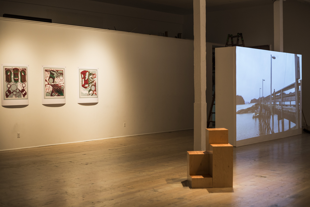 An installation view of "Awakening Memory," with, from left, Sonny Assu’s <em>The Paradise Syndrome</em> series (2016); Sonny Assu’s <em>The Value of What Goes On Top</em> (2017); and Marianne Nicolson’s <em>The Catamaran</em> (2017). Courtesy Open Space. Photo: Kirk Schwartz.

