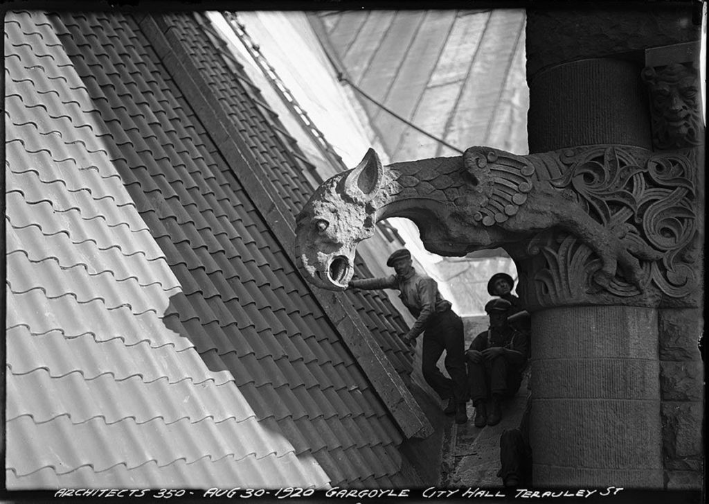 Photographer unknown, <em>Old City Hall gargoyle, Terauley Street</em>, 1920. Courtesy City of Toronto Archives. Fonds 200, Series 372, Subseries 1, Item 350.