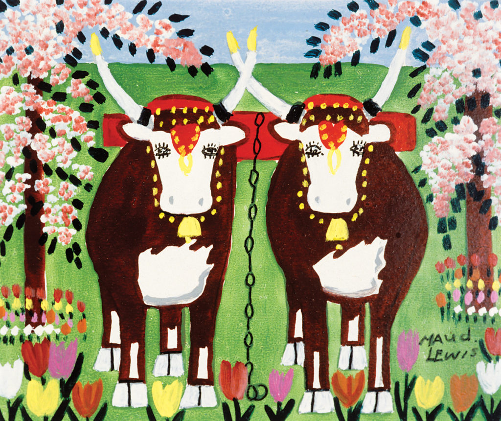 Maud Lewis, <em>Oxen in Spring</em>, c. 1960s. Oil on pulpboard. Private Collection. © Art Gallery of Nova Scotia.