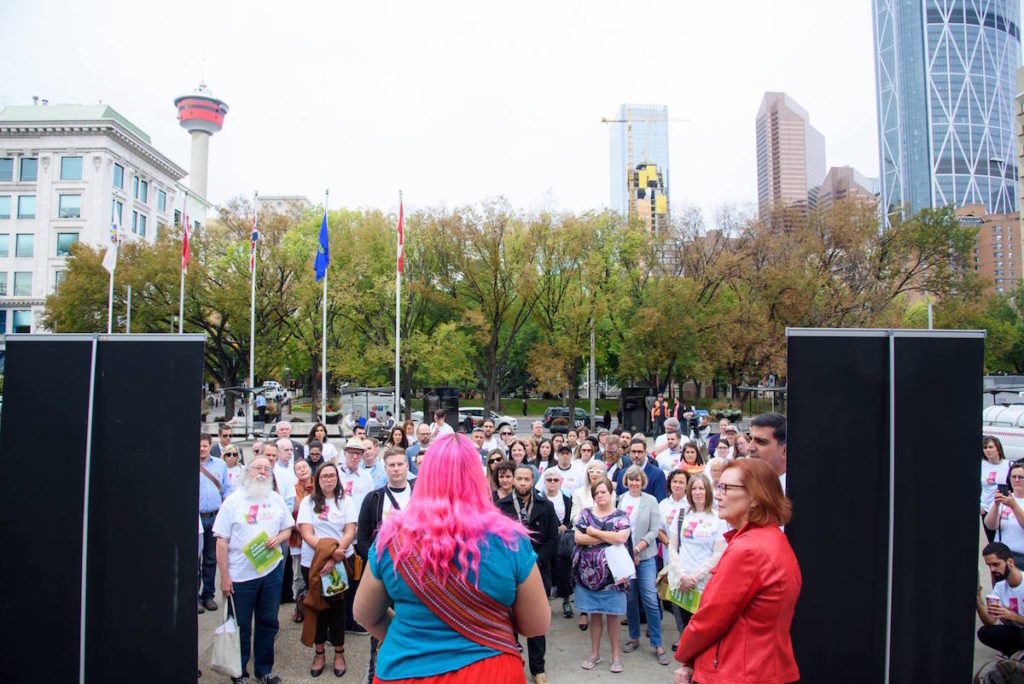 Artists and arts groups gather at Calgary City Hall on Monday to demand a doubling of municipal arts funding. Photo: via Creative Calgary Facebook page.