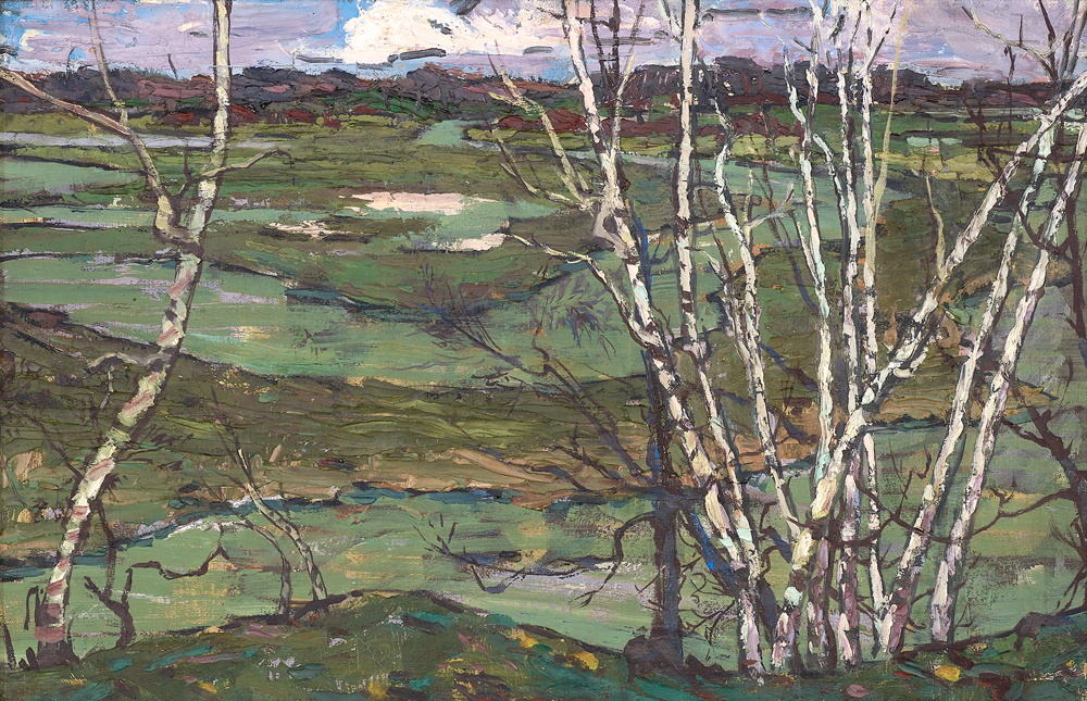 Florence McGillivray  <i>Birch Trees and Lake  ca, </i> 1915.  
Oil on canvas  22.2 x 55.4 cm  Signed on verso. Private Collection, Estate of Kathleen Duminy; Restored at Queens University Restoration Program. Photo: McMichael Canadian Art Collection