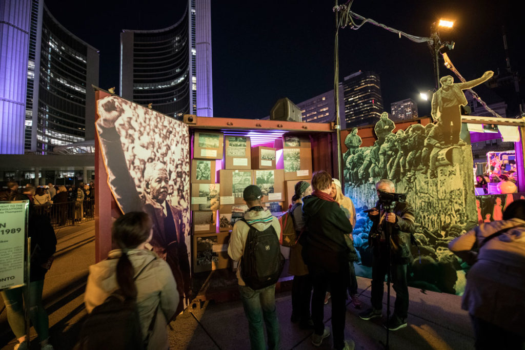 A view of <em>Colour Revolutions</em> by Dmitry Vilensky, Tsaplya Egorova and Nikolay Oleynikov at Nathan Phillips Square during Nuit Blanche and <em>Monument to a Century of Revolutions</em>. Photo: Courtesy Nuit Blanche.