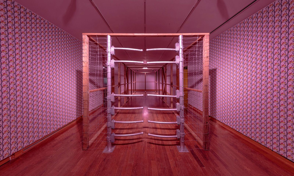Ursula Johnson, <i>Moose Fence</i>, 2017. Lumber, fencing, ungulate gate, programmed lighting. Installation view at the Art Museum at the University of Toronto.

