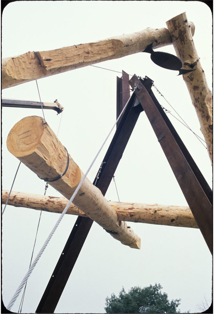Mark di Suvero's <i>No shoes</i> under construction in 1967. Steel, cable and wood. Image from City of Toronto Archives, Fonds 1598, File 3, Item 14 • Original Photograph by Arnaud Maggs.
