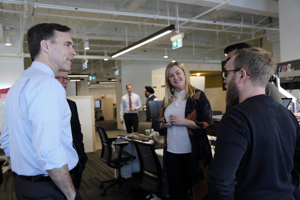 Finance Minister Bill Morneau at the Digital Factory in Toronto in February 2018. He tweeted that there was "no shortage of creativity and innovation" at that site. But where are the arts in his 2018 budget?
