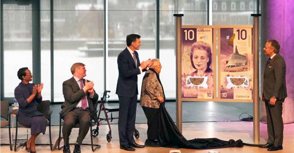 Viola Desmond’s sister Wanda Robson unveils the Canada's new $10 bill design alongside Finance Minister Bill Morneau in a ceremony in Halifax on Thursday. Photo: Instagram. 