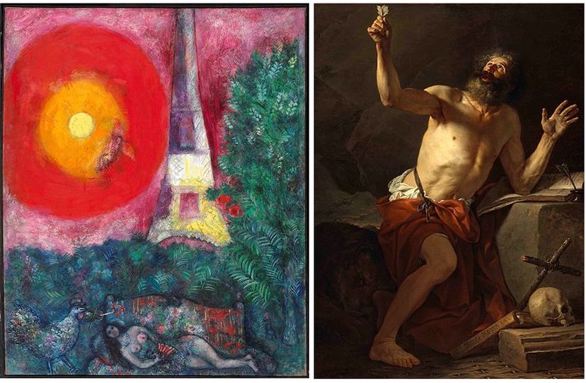 Chagall’s <em>La Tour Eiffel</em> at left; David’s <em>Saint Jerome</em> at right. 