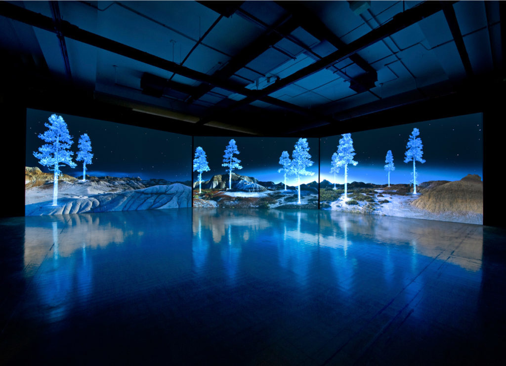 Kelly Richardson, <em>The Erudition</em>, 2010. Installation view at NGCA UK. Three screens, HD video with sound, 14.6 x 2.7 m, 20 min loop. Courtesy the artist/Birch Contemporary. Photo: Colin Davison.