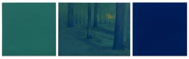 Robert Houle, <em>The Pines</em>, 2002-2004. Oil on canvas, panel (centre): 91.4 x 121.9 cm, panel (side, each of two): 91.4 x 91.4 cm. © Robert Houle.