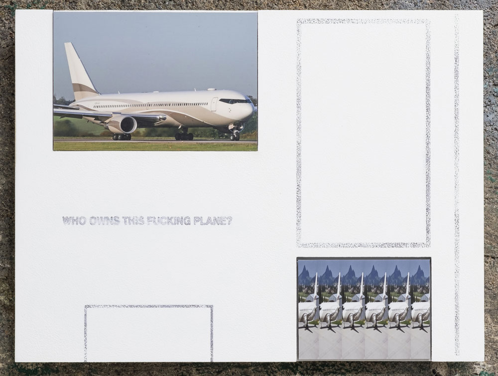 Raul Aguilar and Marcela Borquez's <em>Untitled 02</em> (2018), a xerox transfer on wood panel and aluminum print, asks “Who owns this fucking plane?” The joke obliquely refers to the CEOs of Ford, GM and Chrysler casually arriving in separate private jets to a financial crisis bailout meeting in Washington in 2008. 