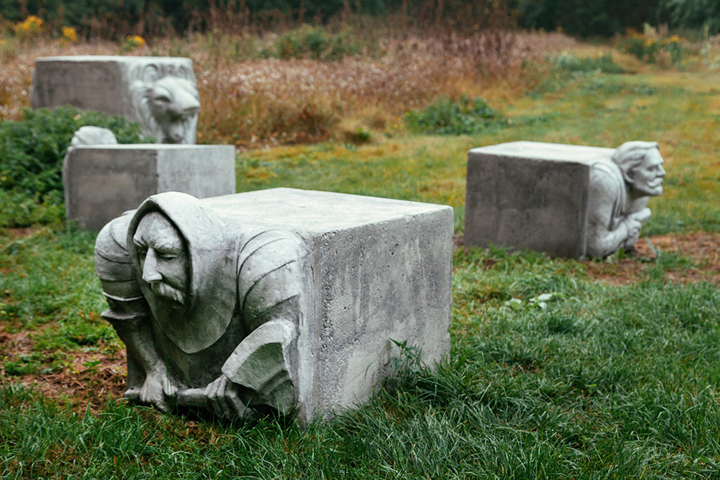 Duane Linklater, <em>Monsters for Beauty, Permanence and Individuality</em> (detail), 2017, 14 cast concrete sculptures. Installation as part of Evergreen's Don River Valley Park Art Program. Photo: Yuula Benivolski.