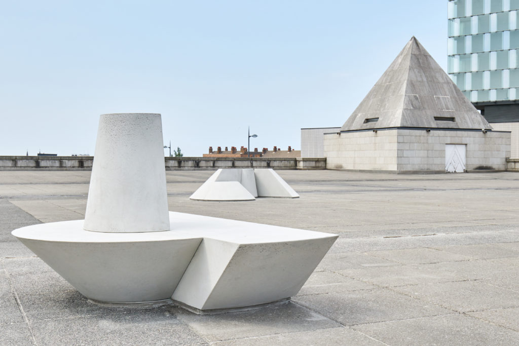 Ryan Gander with Jamie Clark, Phoebe Edwards, Tianna Mehta, Maisie Williams and Joshua Yates, <em>From five minds of great vision (The Metropolitan Cathedral of Christ the King disassembled and reassembled to conjure resting places in the public realm)</em> (detail), 2018. Installation view at Liverpool Metropolitan Cathedral as part of the Liverpool Biennial 2018. Photo: Rob Battersby.