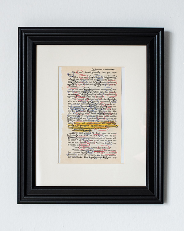 Vincent Chorabik, <em>Page 1 of 6</em>, 2017, paperback novel and drawing materials, 10" x 12" framed (4" x 7" unframed).