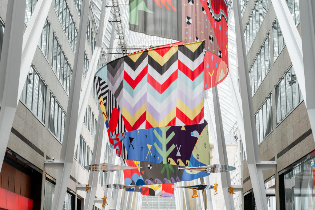 Jordan Bennett, <em>Tepkik</em>, 2018. Site-specific installation. Courtesy Brookfield Place Toronto. Photo: Ernesto Di Stefano.