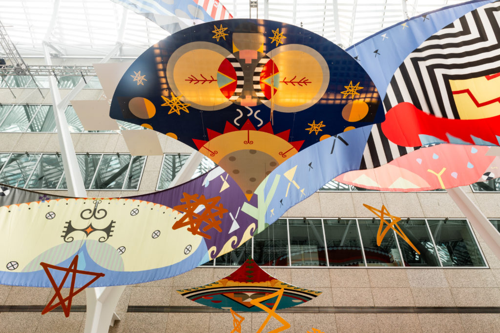 Jordan Bennett, <em>Tepkik</em> (detail), 2018. Site-specific installation. Courtesy Brookfield Place Toronto. Photo: Ernesto Di Stefano.