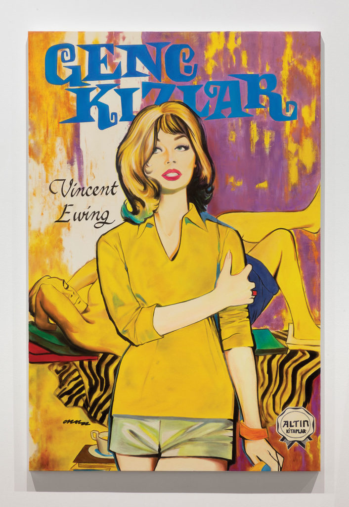 The original cover of <em>Genç Kızlar</em> painted by Cindy Esteves as part of Erdem Taşdelen's project <em>The Curtain Sweeps Down</em>, 2018. Photo: Michel Brunelle.