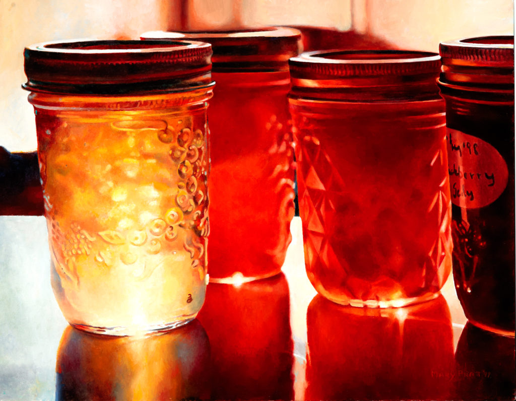 Mary Pratt, <em>Jelly Shelf</em>, 1999. Oil on canvas, 55.9 x 71.1. cm. Collection of Equinox Gallery. Photo: Ned Pratt.