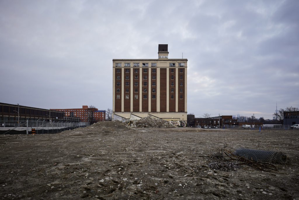 The building the MOCA Toronto is in is next to a reclaimed brownfield. The brownfield was supposed to be home, soon, to condo towers that are also part of the same development MOCA is in—but financing has fallen through. Photo: Arash Moallemi.