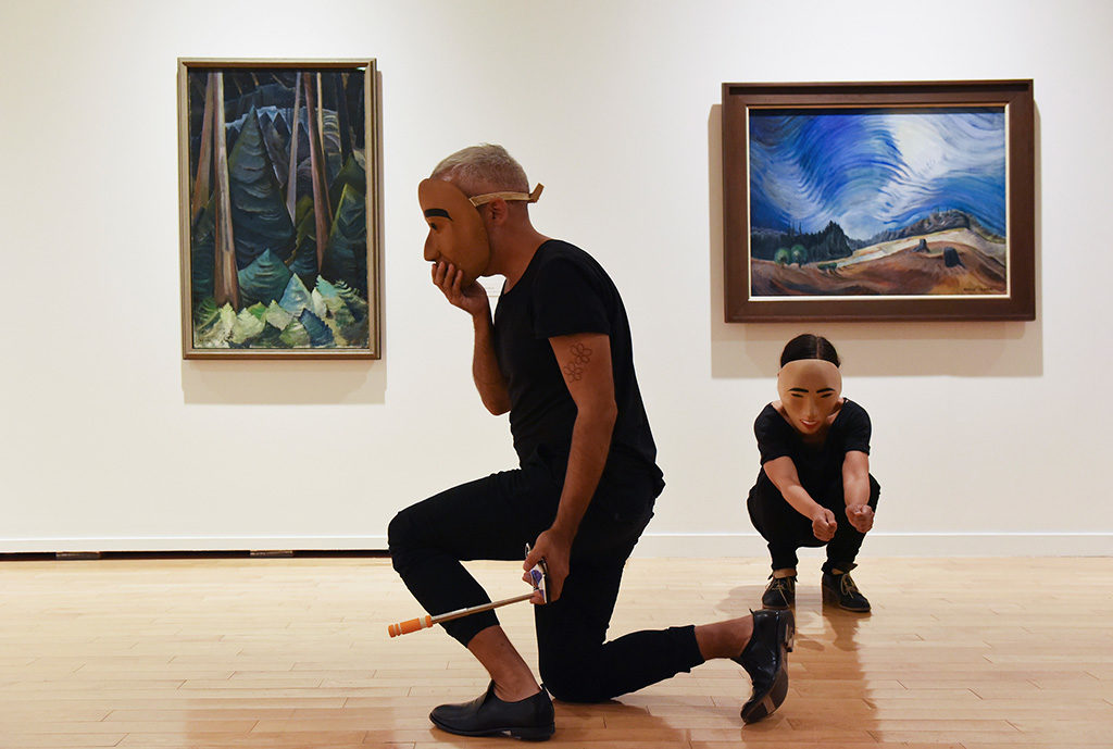 Ayumi Goto, Tarah Hogue and Peter Morin, <em>this is not us</em>, 2018. Performance documentation. Photo: Rachel Topham, Vancouver Art Gallery