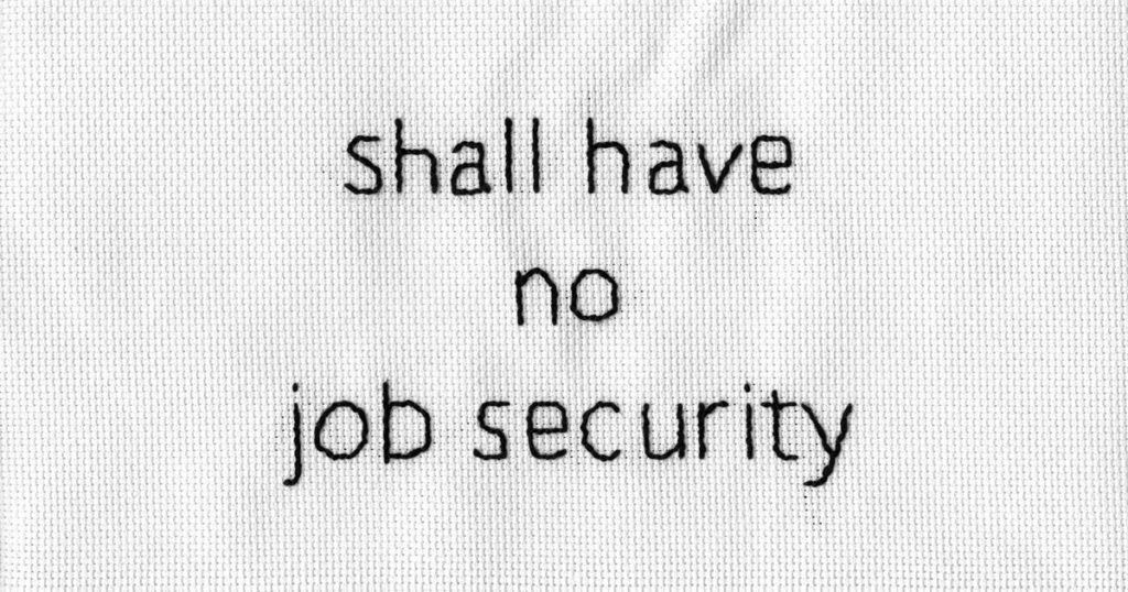 A photo of <em>9.03.3, 9.03.5, 9.03.7</em> (2018) by F. Braun, a former ECUAD sessional instructor. They made this cross-stitch in response to the fact that the ECU Collective Agreement uses this phrase three times in reference to non-regular instructors. Photo: Facebook/Non-Regular: a book about precarious academic labour.