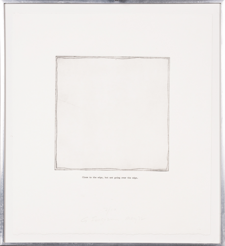 Gerald Ferguson, <em>Close to the edge, but not going over the edge</em>, 1972.
Drypoint on paper, 2/10,
20 x 20 cm. Collection Art Gallery of Nova Scotia.
Photo: Steve Farmer.